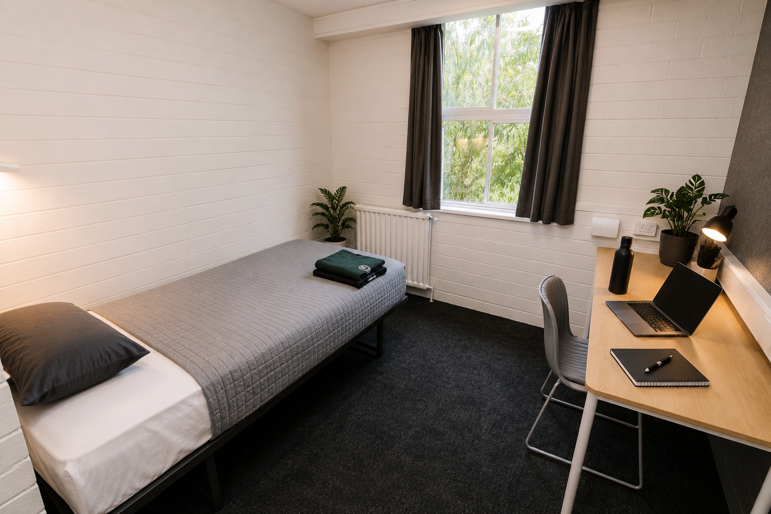 Refurbished standard student bedroom featuring a single bed, study desk, built-in wardrobe, sink, heater and high-speed Wi-Fi.