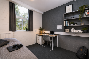 Mannix Bedroom Sample 10 Refurbished standard student bedroom featuring a single bed, study desk, built-in wardrobe, sink, heater and high-speed Wi-Fi.