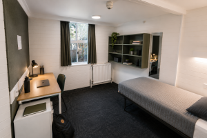 Mannix Bedroom Sample (7) Refurbished standard student bedroom featuring a single bed, study desk, built-in wardrobe, sink, heater and high-speed Wi-Fi.
